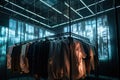 A rack of shirts hanging in a fashion shop with lights. Generative Ai.