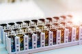 Rack of tube in laboratory with biological material in laboratory at the table. Closeup. Royalty Free Stock Photo