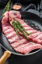 Rack of uncooked raw pork spare ribs seasoned with spices in a pan. Black background. Top view Royalty Free Stock Photo