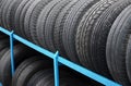 Rack with variety of car tires in automobile store. Many black tires. Tire stack background Royalty Free Stock Photo