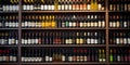 A rack of various types of wine bottles in a store created with generative AI