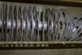 Rack of vintage movie reels