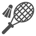 Racket and shuttlecock solid icon, summer sport concept, Badminton sign on white background, Badminton racket and volant