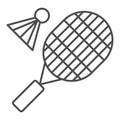 Racket and shuttlecock thin line icon, sport concept, Badminton sign on white background, Badminton sport icon in Royalty Free Stock Photo