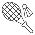 Racket and shuttlecock thin line icon, summer sport concept, Badminton sign on white background, Badminton racket and Royalty Free Stock Photo