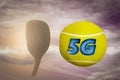 A racket throw a tennis ball with the letter 5G on it in sunset magenta day. What is 5G or Speed or advanced bandwidth