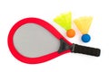 Rackets, shuttlecocks for children\'s badminton on a white background. The concept of sports, games and outdoor activities