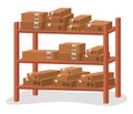 Racks with boxes isolated. Cardboard containers stand on wooden shelves, storage equipment