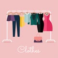 Racks with clothes on hangers. Flat design style modern vector