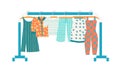 Racks with clothes on hangers. T-shirt, sundress, skirt, shirt, overalls and culottes in trendy color. Flat vector