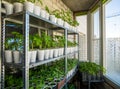 Racks with seedlings on the balcony window of a residential building