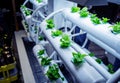 Racks with young microgreens in pots under led lamps in hydroponics vertical farms.