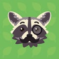 Racoon emotional head. Vector illustration of cute coon with monocle and moustache shows intelligent emotion. Mister