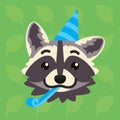 Racoon emotional head. Vector illustration of cute coon shows greeting emotion. Celebrating emoji. Smiley icon. Print