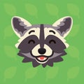 Racoon emotional head. Vector illustration of cute coon shows happy emotion. Laugh emoji. Smiley icon. Print, chat