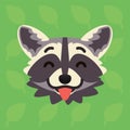 Racoon emotional head. Vector illustration of cute coon shows tongue. Playful emotion. Lick emoji. Smiley icon. Print