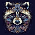 Racoon head, stylized, geometric, polygonal, on black background, AI Generative