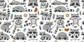 Racoons Family. Funny Characters. Seamless pattern for your design