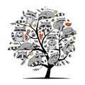 Racoons Family tree. Funny Characters. Art for your design