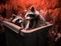 Racoons raiding trash at night