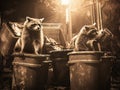 Racoons raiding trash at night