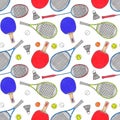 Racquets, balls and shuttlecocks.Seamless