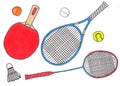 Racquets and balls, sport set. Hand-drawn