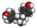 Ractopamine feed additive molecule. 3D rendering. Atoms are represented as spheres with conventional color coding: hydrogen white