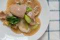 Rad Na, Famous Thai Chinese style wide rice noodle dish with tasty tender pork with thick gravy sauce. close up.