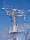 Radar antennas on board of a cruise ferry ship. Navigation system of the liner. Elements of radio location equipment in