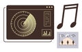 Radar with data visualization, music note, and demographic statistics chart juxtaposed Royalty Free Stock Photo