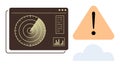 Radar screen detecting threats with alert symbol over cloud, emphasizing monitoring and warning systems Royalty Free Stock Photo