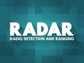 RADAR - Radio Detection And Ranging acronym is a detection system that uses radio waves to determine the distance, text concept