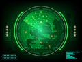Radar screen digital interface with world map Concept future in computer network technology time data communication on green dark