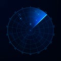 Radar in searching. Military search system blip illustration. Target on blip. Blue navigation interface. Vector