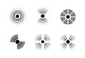 Radar signal icons. Sonic waves. Black and white military signs. Detection technologies symbols set. Dots and concentric