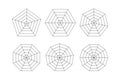 Radar or spider diagram template. Flat spider mesh. Blank radar charts. Pentagon and hexagon graphs. Kiviat diagram for