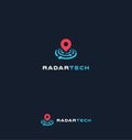 Radar tech vector logo concept, search engine, placemark icon, find companies hiring isolated logotype