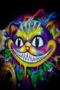 Radford, Virginia, USA, 1-15-2022, psychedelic Cheshire Cat Alice In Wonderland wall graffiti