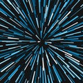 Radial blue concentric particles on black background Sun ray or star burst element Zoom effect Square fight stamp for card Space Royalty Free Stock Photo