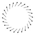 Radial, circular arrows pointing from center. Concentric pointers for extrusion, protrusion themes. Diffuse, dissension, bloat Royalty Free Stock Photo