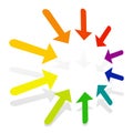 Radial, concentric arrows pointing to center, inside. Merge, resize, supress concepts pointer illustration. Diminish, confluence Royalty Free Stock Photo