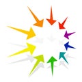 Radial, concentric arrows pointing to center, inside. Merge, resize, supress concepts pointer illustration. Diminish, confluence Royalty Free Stock Photo
