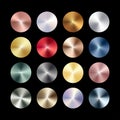 Radial conical metal chrome gradient set. Metallic rose gold, bronze, silver, steel, holographic rainbow, golden circles. Vector