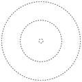 Radial dashed line circles. Circular, concentric element with gap lines. Periodic, infrequent line circles. Orbitting piece, bit