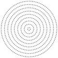 Radial dashed line circles. Circular, concentric element with gap lines. Periodic, infrequent line circles. Orbitting piece, bit Royalty Free Stock Photo