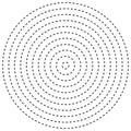 Radial dashed line circles. Circular, concentric element with gap lines. Periodic, infrequent line circles. Orbitting piece, bit