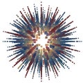 Radial geometric explosion composed of elongated, multicolored rectangular prisms
