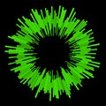 Radial green concentric particles on black background Sound wave Sun ray or star burst element Zoom effect Square fight stamp