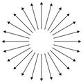 Radial, radiating arrows for expand, extend, explosion themes. Diverge, alignment concept circular pointers illustration. Spoke- Royalty Free Stock Photo